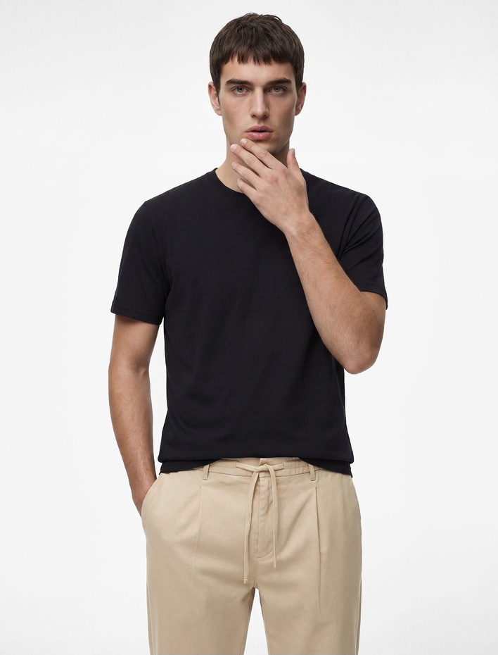  Regular Fit Beli Lastikli Düğmeli Düz Paça Keten Karışımlı Chino Pantolon