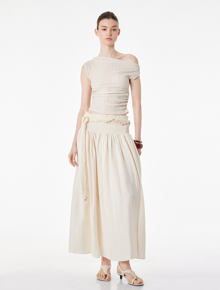  Viskon Kumaş Gipeli Düşük Bel Kemerli Midi Kloş Etek