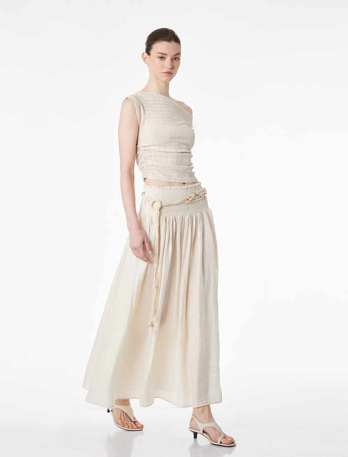  Viskon Kumaş Gipeli Düşük Bel Kemerli Midi Kloş Etek