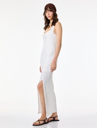 Bürümcük Kumaş Kalp Yaka Kolsuz Uzun Bodycon Elbise