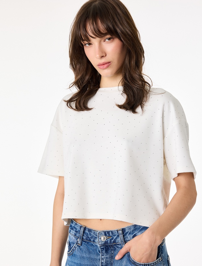  Rahat Kalıp Kısa Kollu Bisiklet Yaka İnterlok Spor Crop Tişört