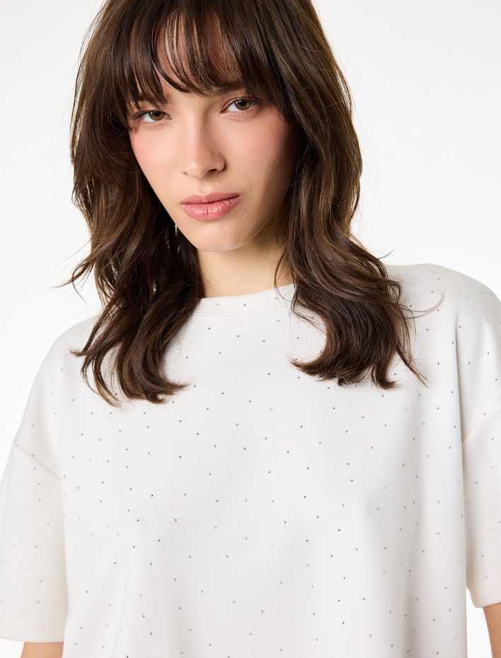  Rahat Kalıp Kısa Kollu Bisiklet Yaka İnterlok Spor Crop Tişört