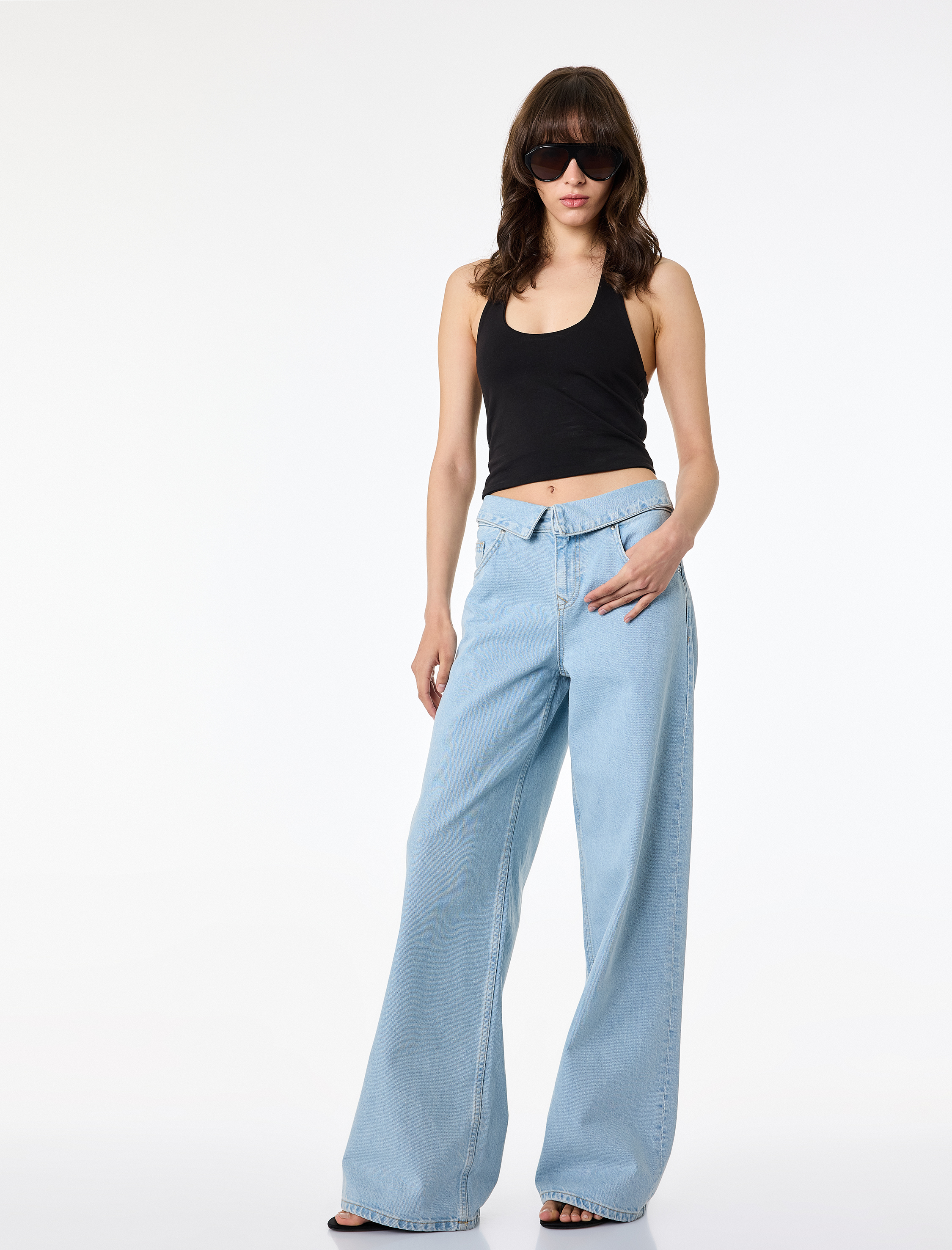   Normal Bel Katlama Detaylı Düğmeli Geniş Paça Denim Pantolon - Wide Leg Jeans
