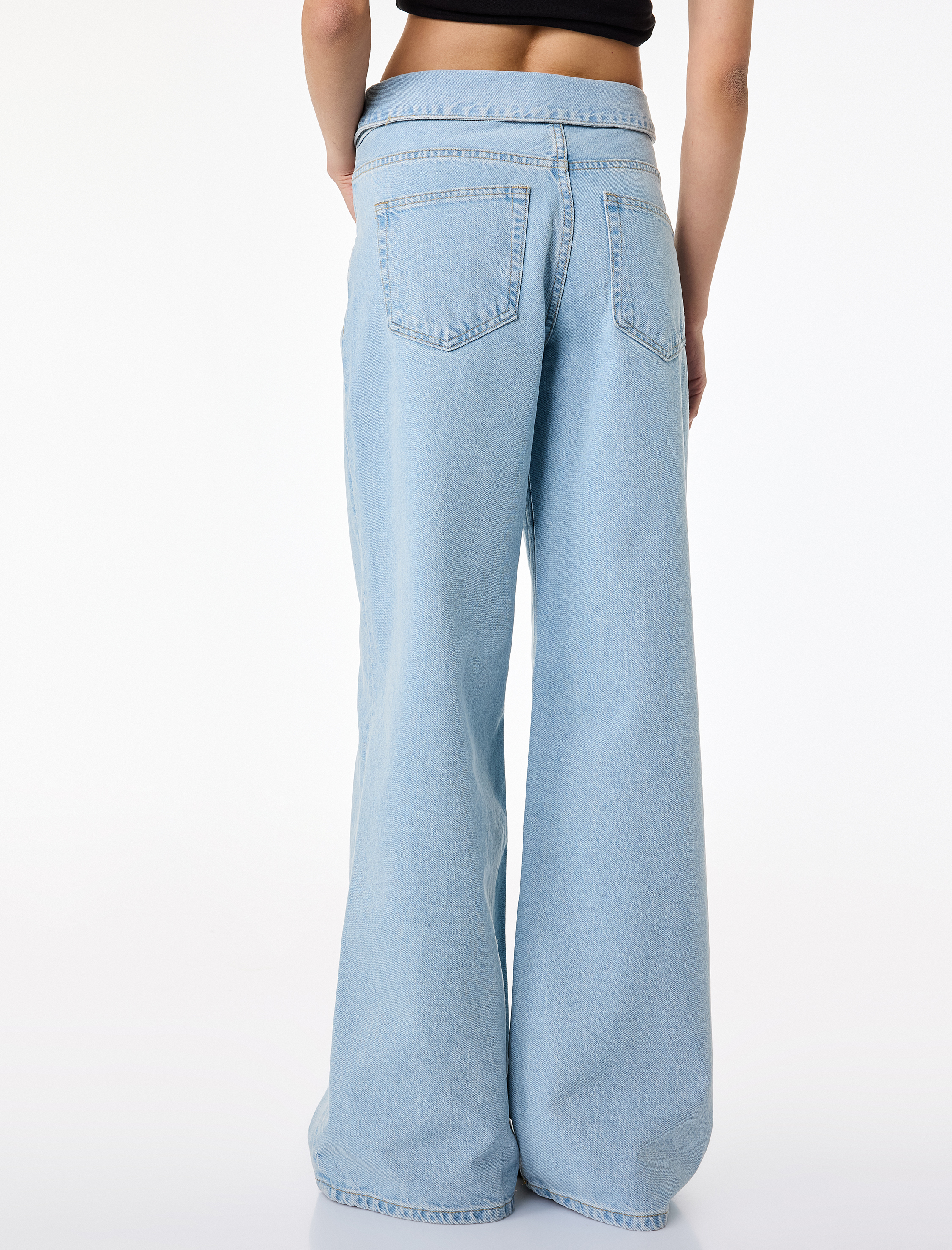   Normal Bel Katlama Detaylı Düğmeli Geniş Paça Denim Pantolon - Wide Leg Jeans