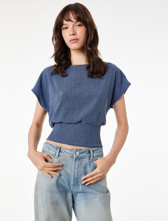  Viskon Karışımlı Bürümcük Bisiklet Yaka Kısa Kollu Crop Bluz