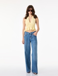 Normal Bel Katlama Detaylı Düğmeli Geniş Paça Denim Pantolon - Wide Leg Jeans