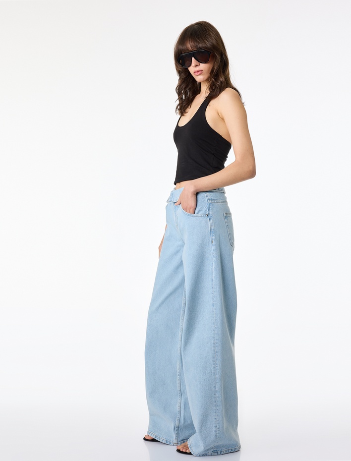  Normal Bel Katlama Detaylı Düğmeli Geniş Paça Denim Pantolon - Wide Leg Jeans
