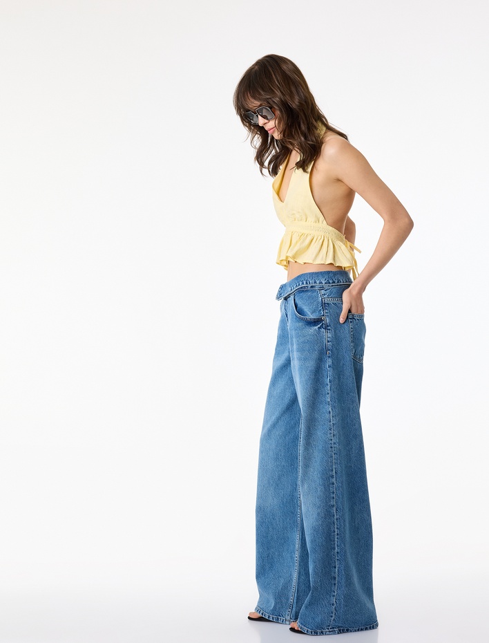  Normal Bel Katlama Detaylı Düğmeli Geniş Paça Denim Pantolon - Wide Leg Jeans