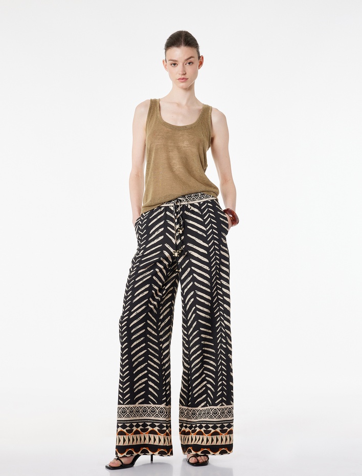  Viskon Salda Kumaş Cepli Geniş Paça Desenli Pantolon