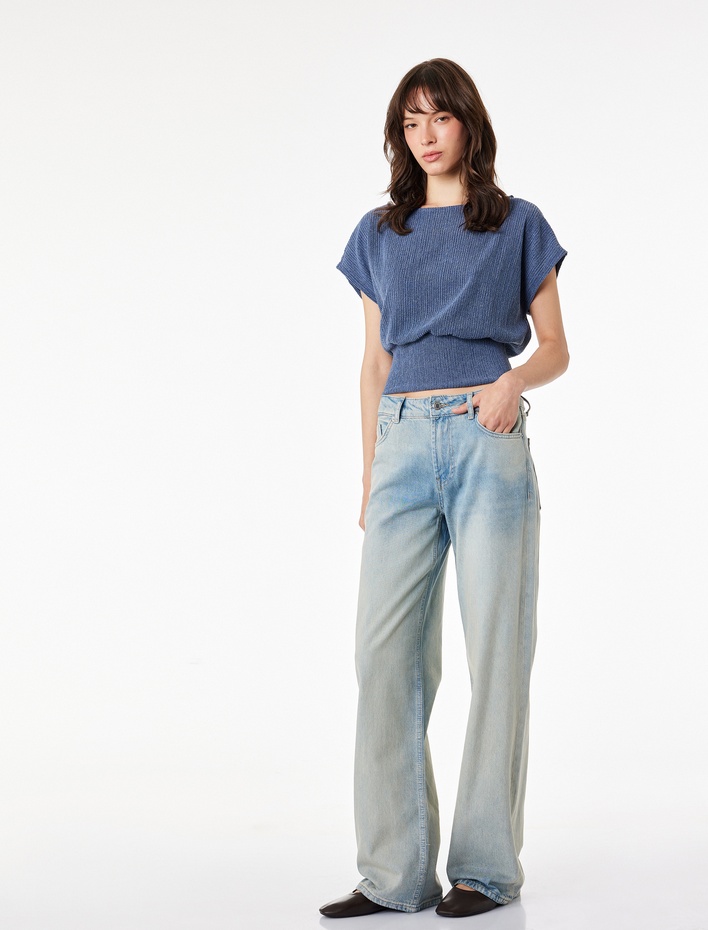  Viskon Karışımlı Bürümcük Bisiklet Yaka Kısa Kollu Crop Bluz