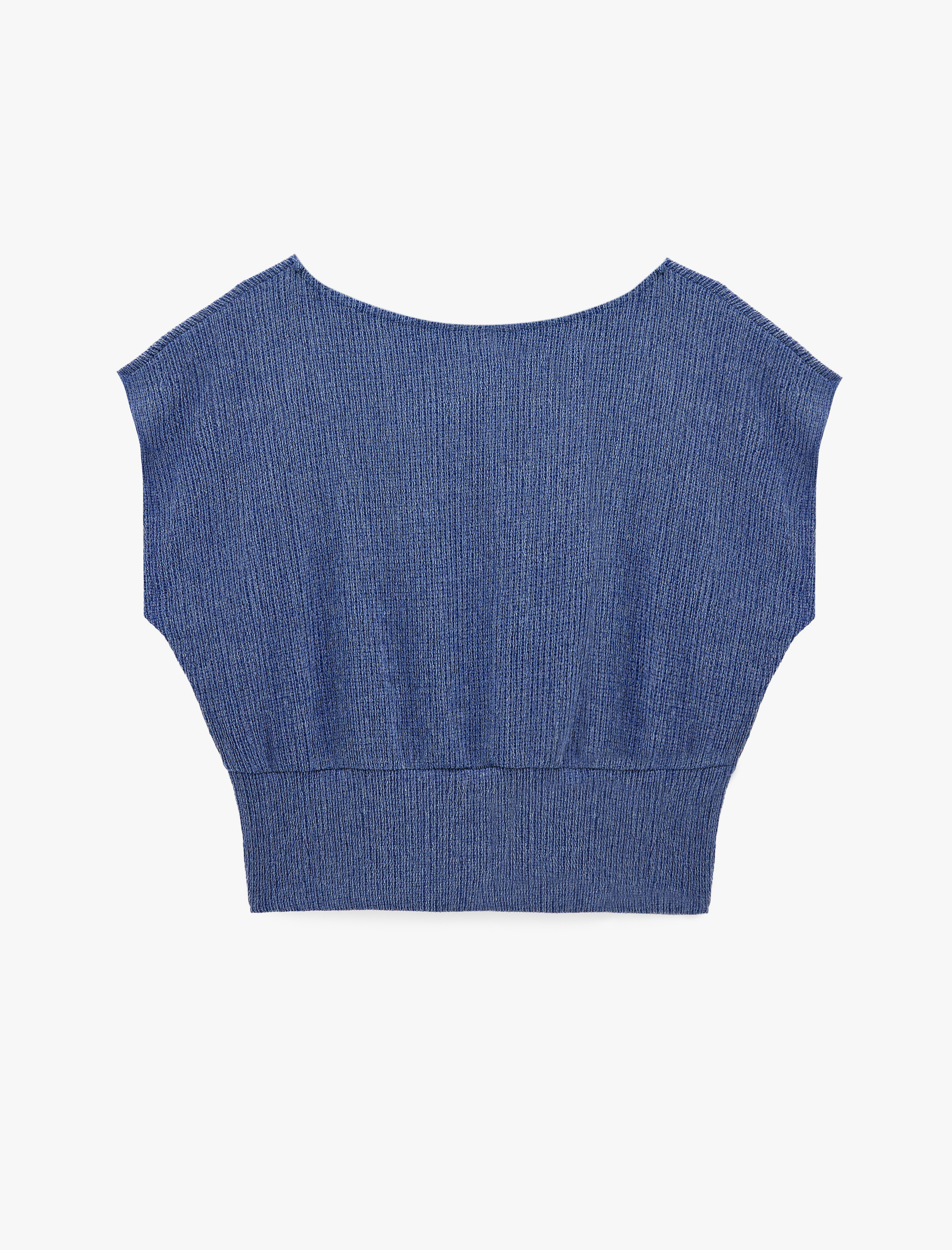   Viskon Karışımlı Bürümcük Bisiklet Yaka Kısa Kollu Crop Bluz
