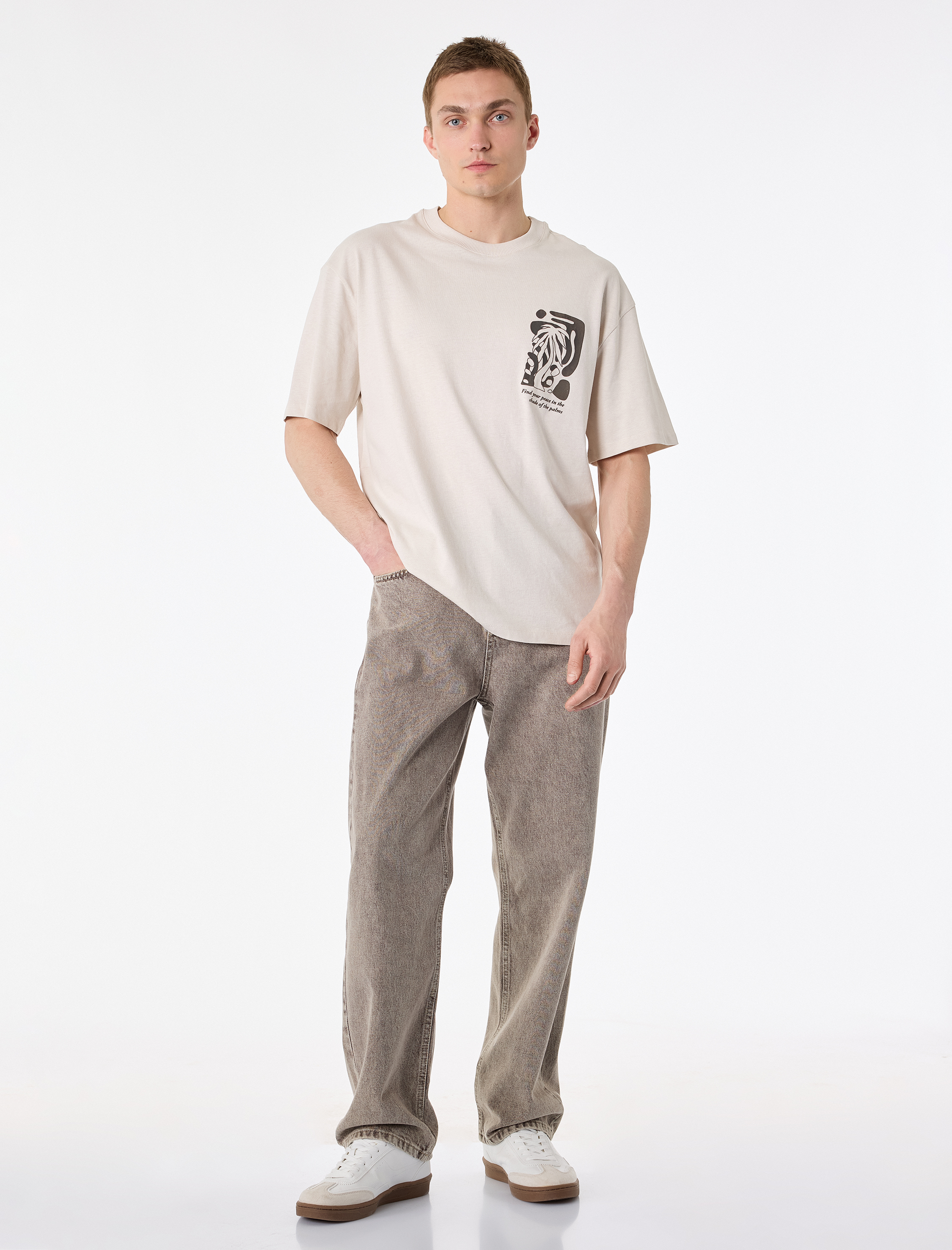   Kısa Kollu Bisiklet Yaka Pamuklu Oversize Arkası Baskılı Tişört