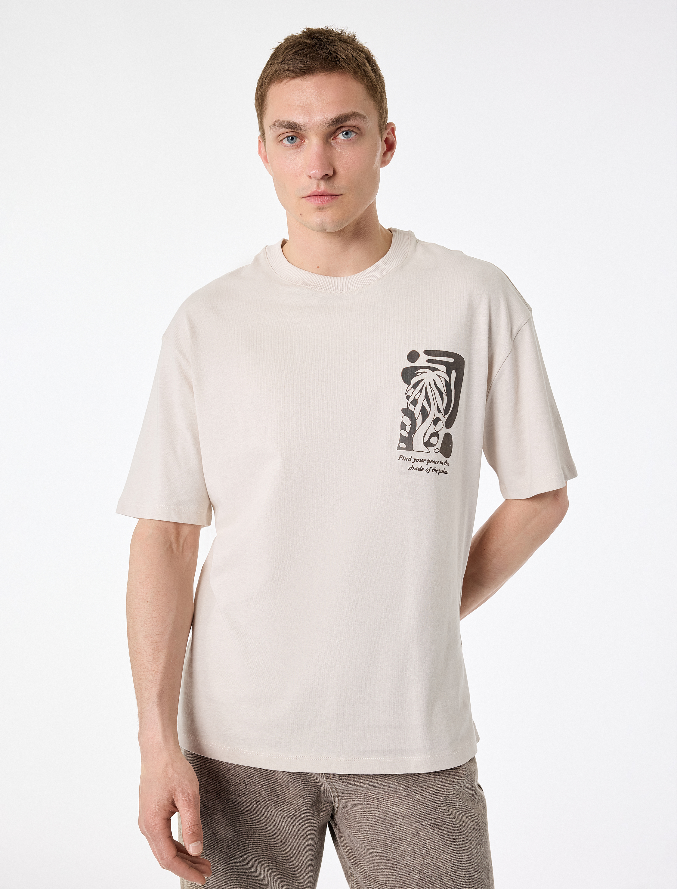   Kısa Kollu Bisiklet Yaka Pamuklu Oversize Arkası Baskılı Tişört