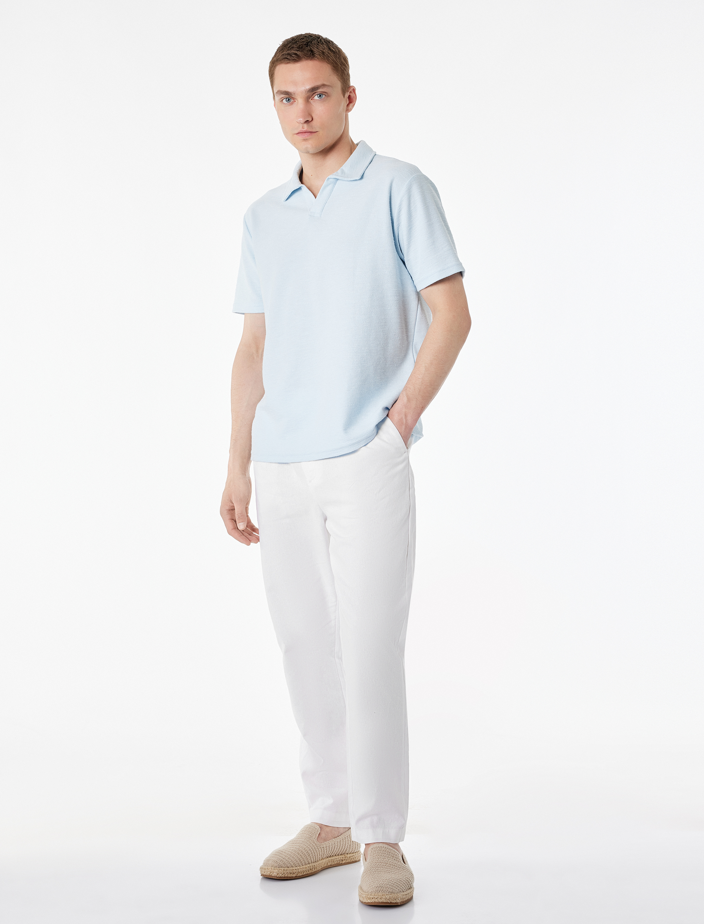   Regular Fit Beli Lastikli Düğmeli Düz Paça Keten Karışımlı Chino Pantolon