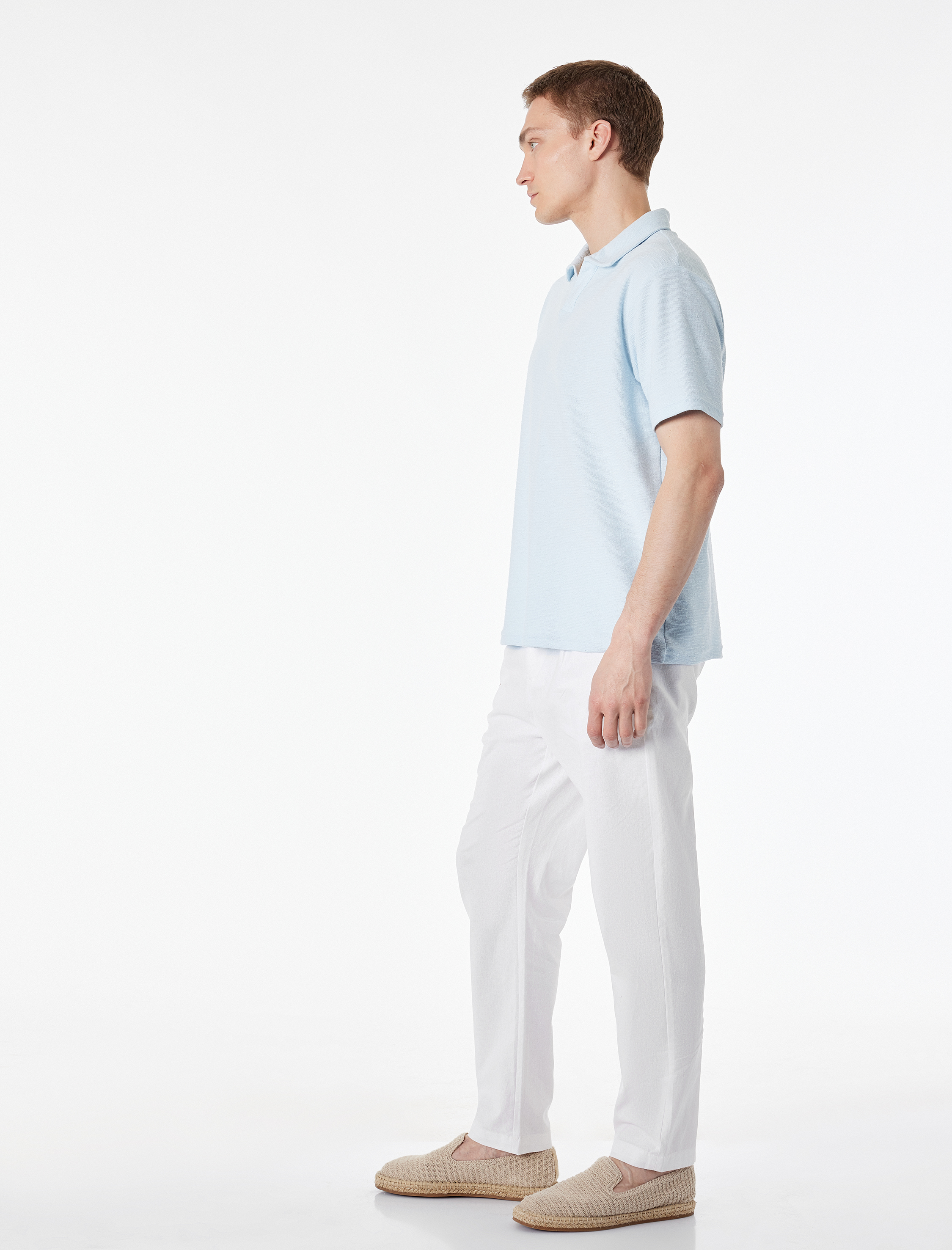   Regular Fit Beli Lastikli Düğmeli Düz Paça Keten Karışımlı Chino Pantolon