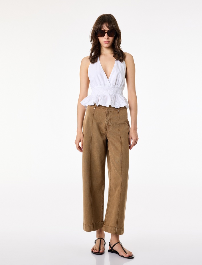 Normal Bel Cep Detaylı Nervürlü Kısa Geniş Paça Pantolon - Culotte Jeans