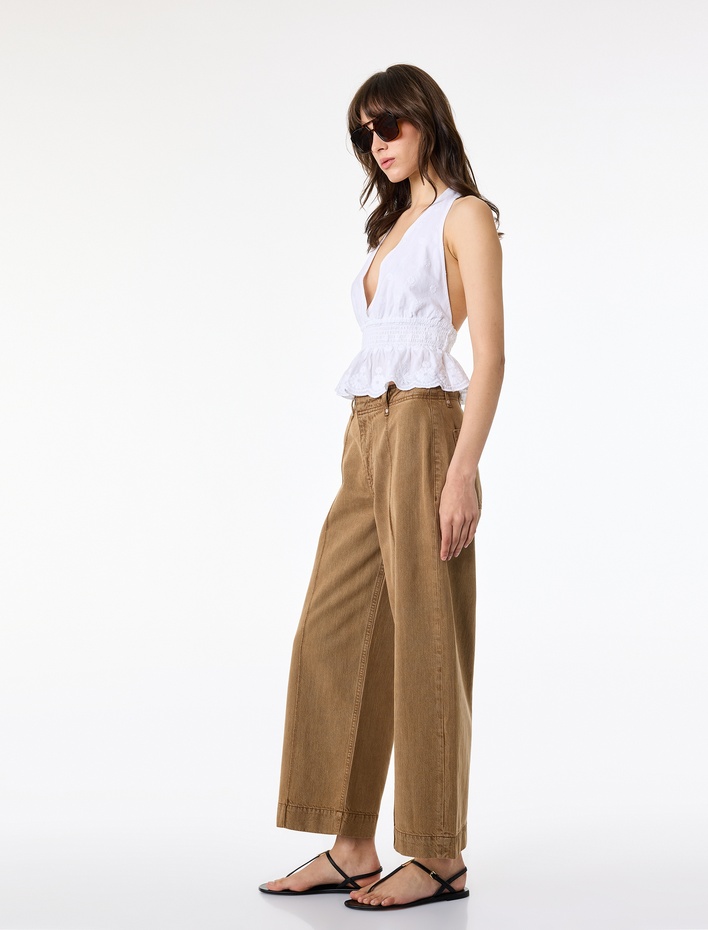  Normal Bel Cep Detaylı Nervürlü Kısa Geniş Paça Pantolon - Culotte Jeans