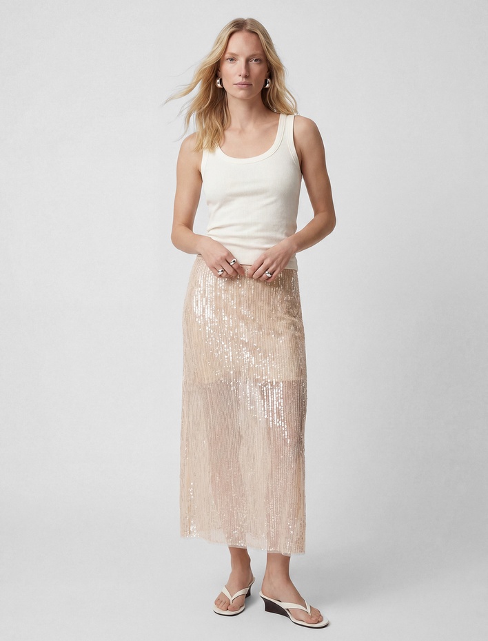  Yarım Astarlı Transparan Pul Payet İşlemeli Midi Etek