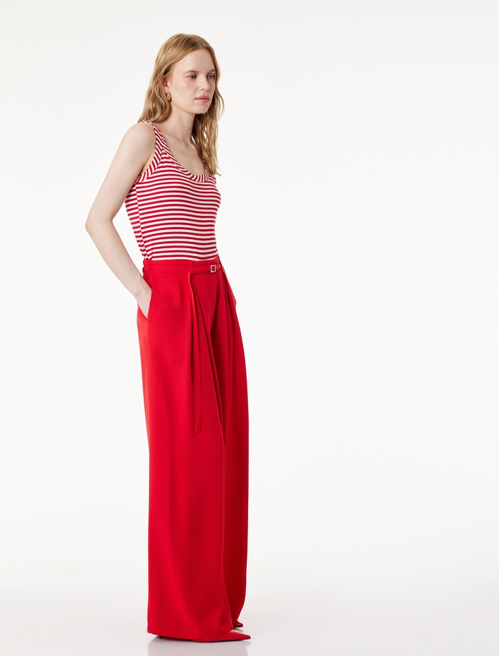  Krep Kumaş Pile Detaylı Geniş Paça Kemerli Palazzo Pantolon