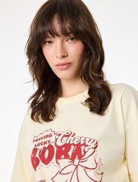 Bisiklet Yaka Kısa Kollu Pamuklu Kiraz Baskılı Tişört