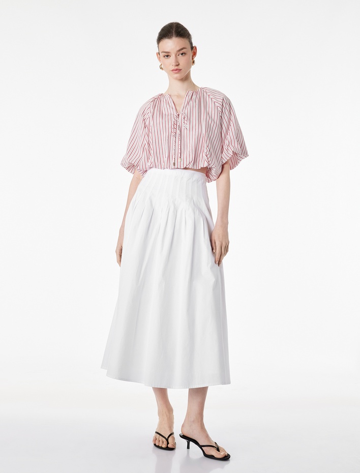  Viskon Bağcıklı Kaçık Yaka Çizgili Ovresize Balon Crop Bluz