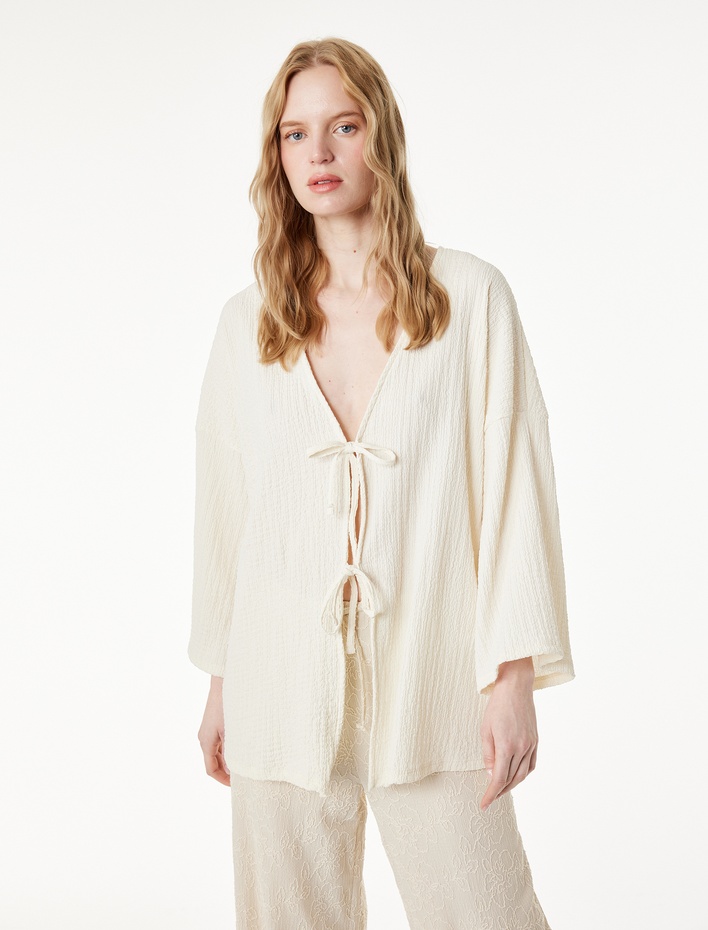  Bürümcük Kumaş Geniş Uzun Kollu Bağlama Detaylı Dokulu Kimono