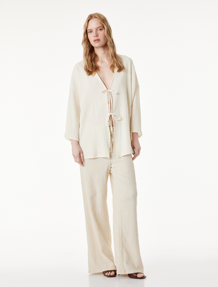  Bürümcük Kumaş Geniş Uzun Kollu Bağlama Detaylı Dokulu Kimono