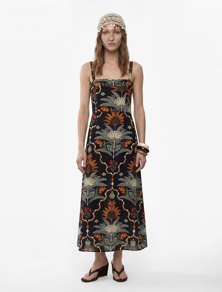  Keten Karışımlı Floral Etnik Desenli İnce Çapraz Askılı Uzun Elbise