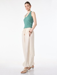 Viskon Kumaş Beli Lastikli Boncuk Detaylı Cepli Şalvar Pantolon