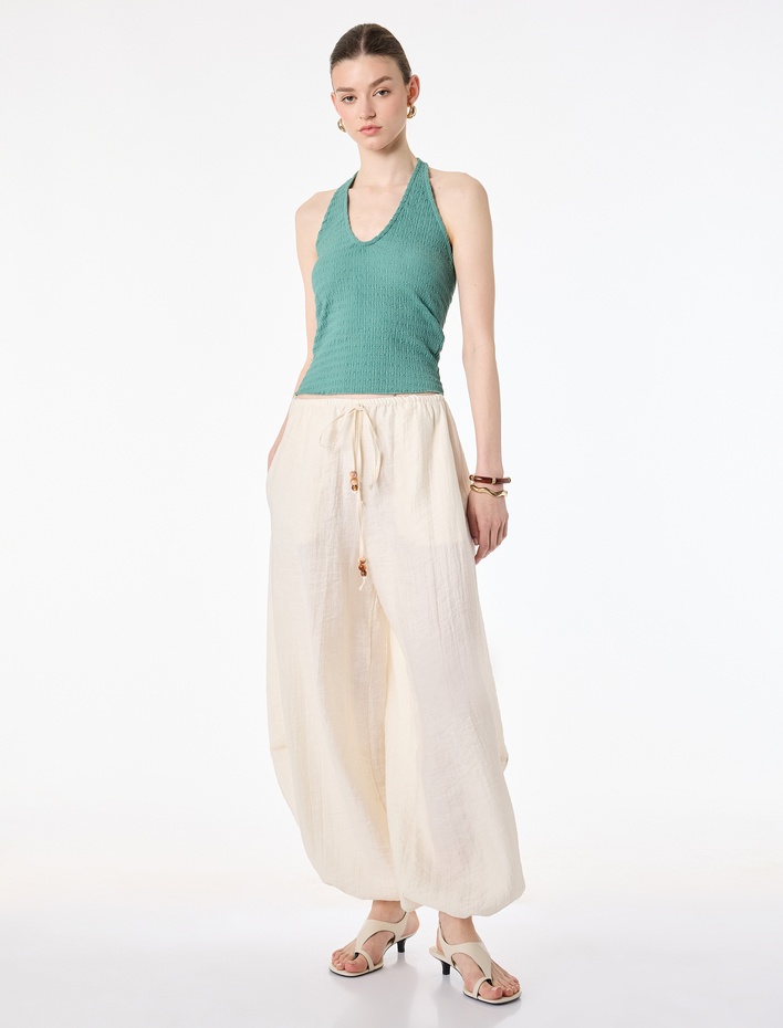  Viskon Kumaş Beli Lastikli Boncuk Detaylı Cepli Şalvar Pantolon