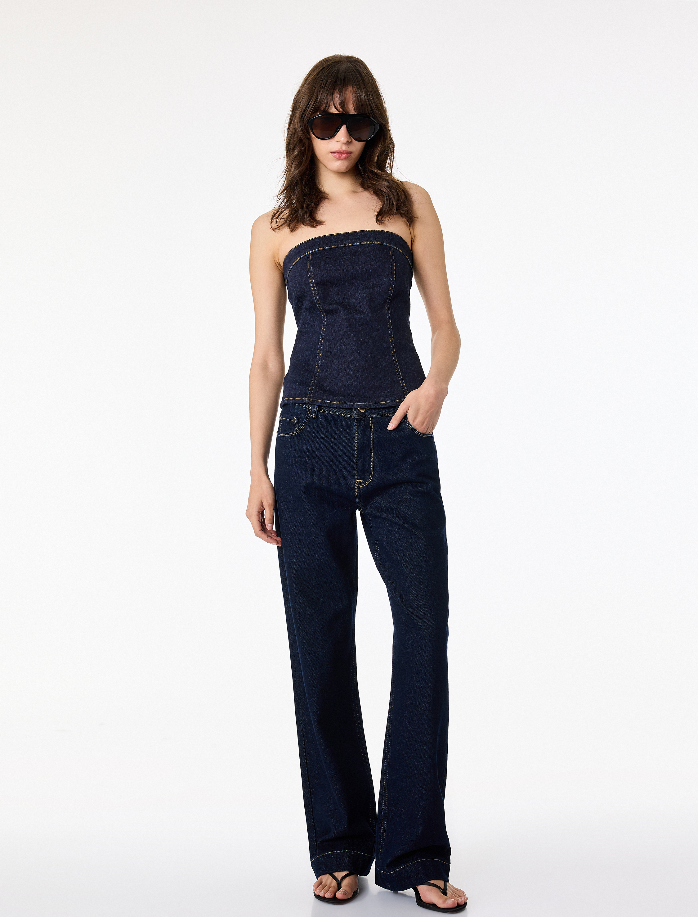   Pamuklu Fermuarlı Slim Fit Straplez Kolsuz Denim Bluz