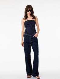 Pamuklu Fermuarlı Slim Fit Straplez Kolsuz Denim Bluz