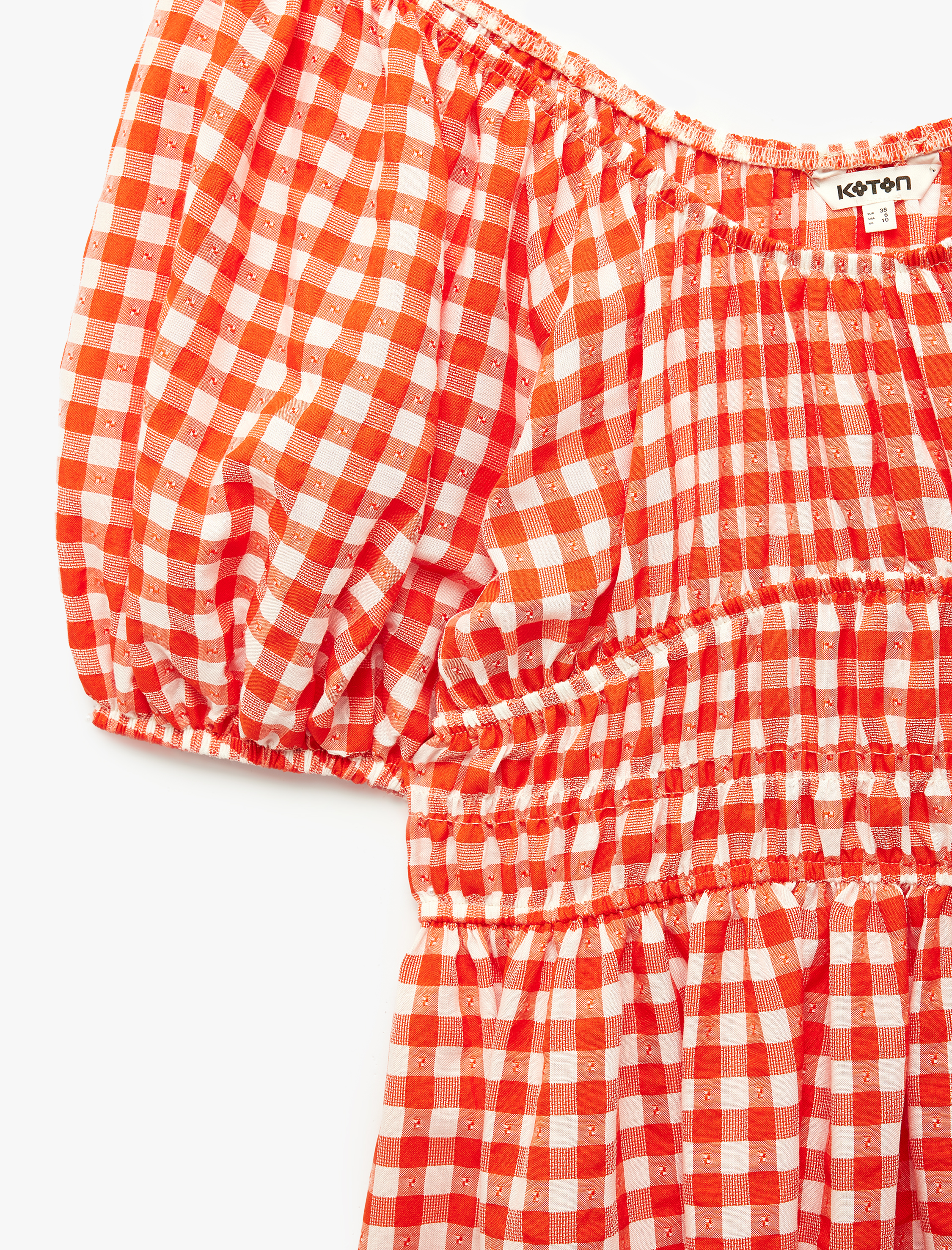   Viskon Karışımlı Kısa Balon Kollu Düşük Omuz Pötikareli Uzun Elbise