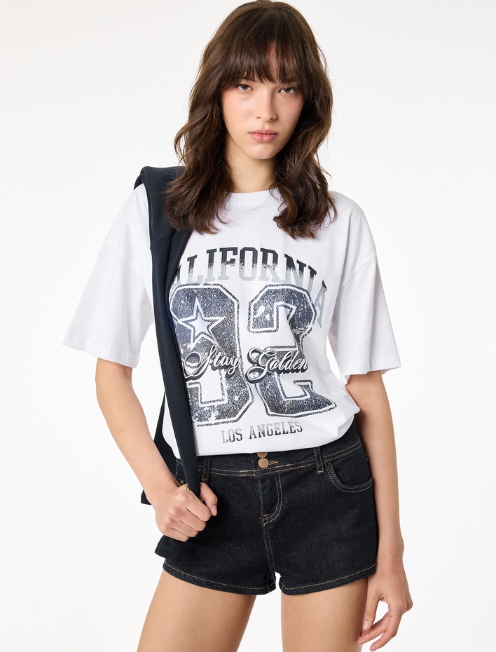  Pamuklu Baskılı Bisiklet Yaka Rahat Kalıp Kısa Kollu Tişört