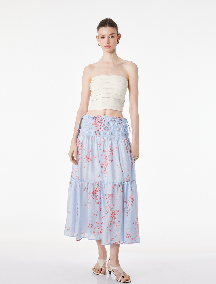  Viskon Kumaş Belden Oturtmalı Bağlamalı Gipeli Çiçekli Çizgili Uzun Etek