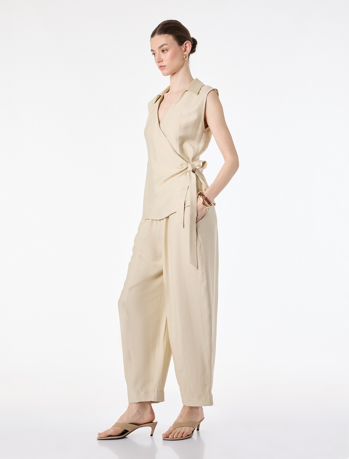  Beli Lastikli Viskon Kumaş Yan Cepli Balon Pantolon