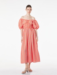 Viskon Karışımlı Kısa Balon Kollu Düşük Omuz Pötikareli Uzun Elbise