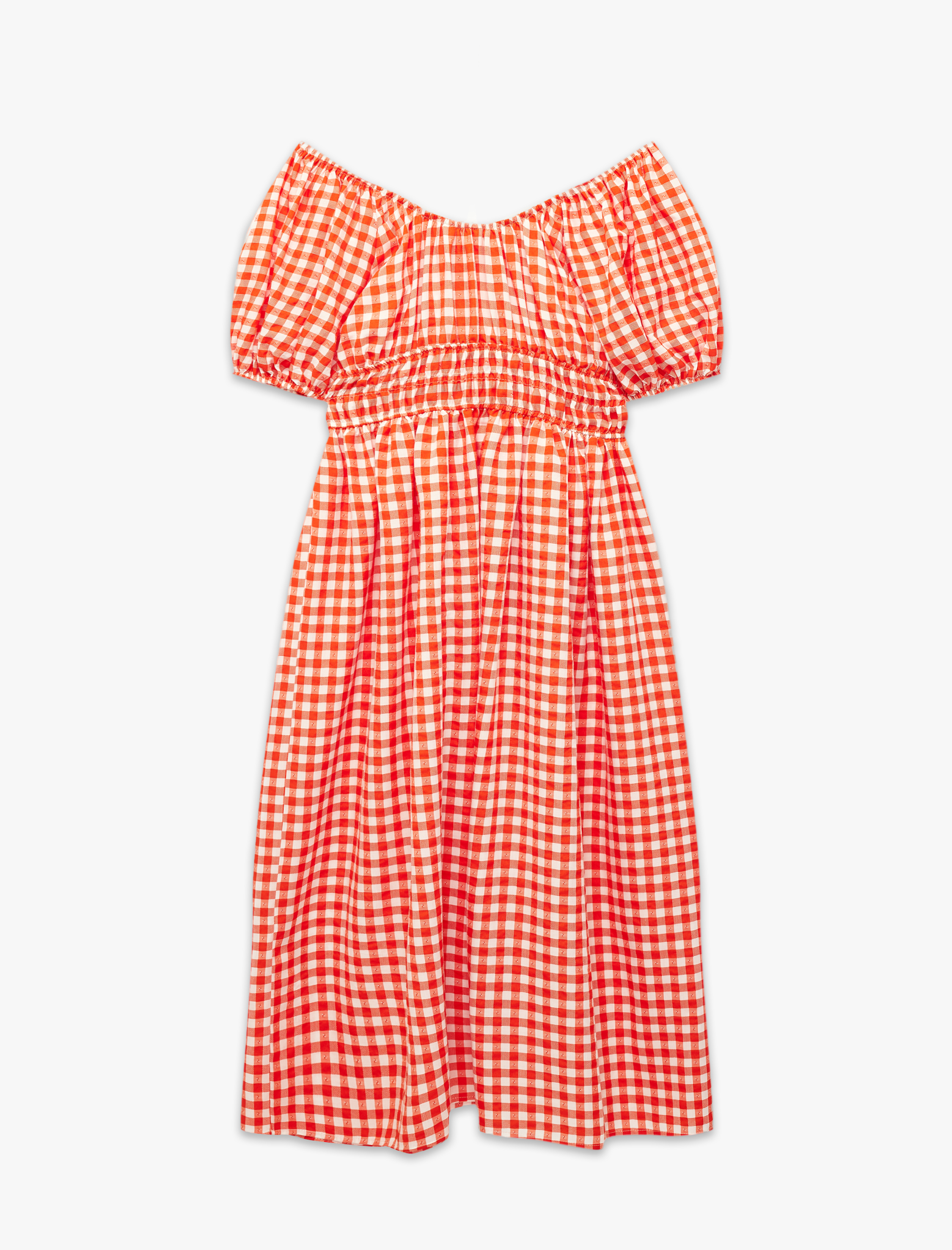   Viskon Karışımlı Kısa Balon Kollu Düşük Omuz Pötikareli Uzun Elbise