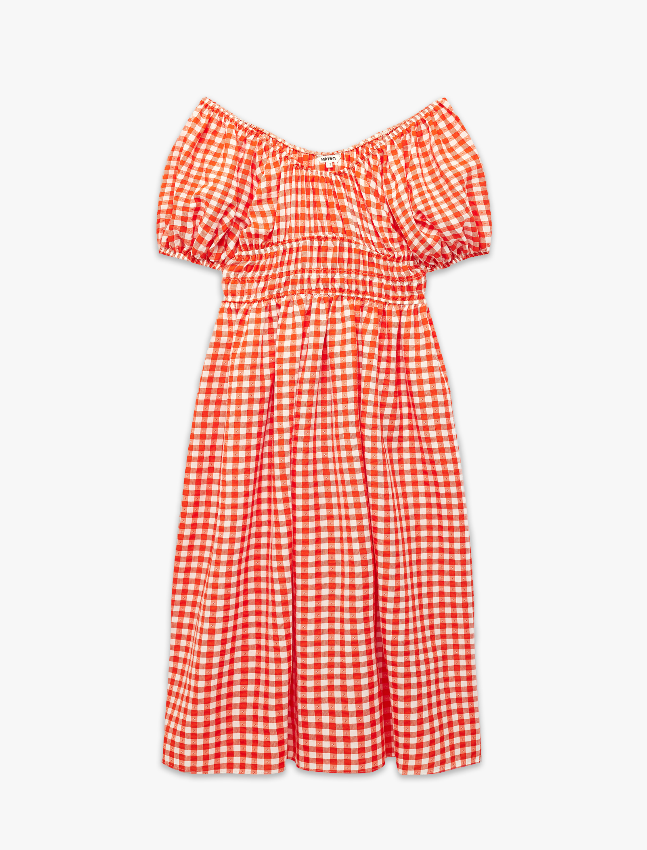   Viskon Karışımlı Kısa Balon Kollu Düşük Omuz Pötikareli Uzun Elbise