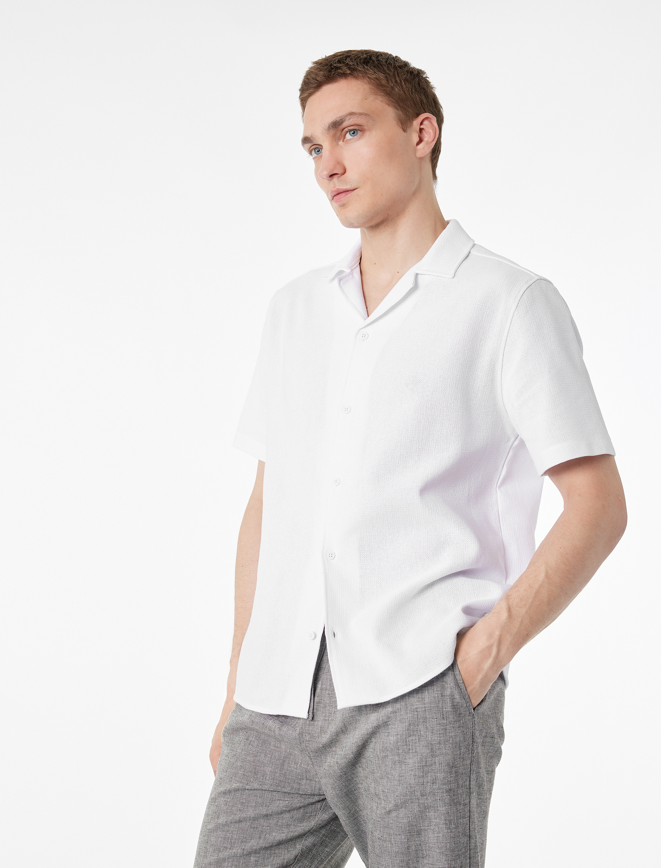   Pamuklu Regular Fit Düğmeli Devrik Yaka Kısa Kollu Gömlek