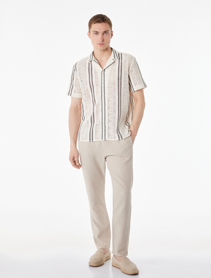  Pamuklu Regular Fit Çizgili Devrik Yaka Ajurlu Kısa Kollu Gömlek