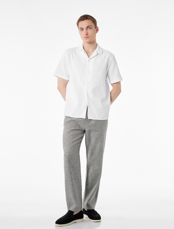  Pamuklu Regular Fit Düğmeli Devrik Yaka Kısa Kollu Gömlek