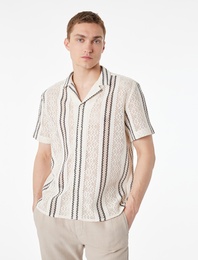 Pamuklu Regular Fit Çizgili Devrik Yaka Ajurlu Kısa Kollu Gömlek
