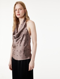 Puantiyeli Degaje Yaka Kolsuz Saten Bluz