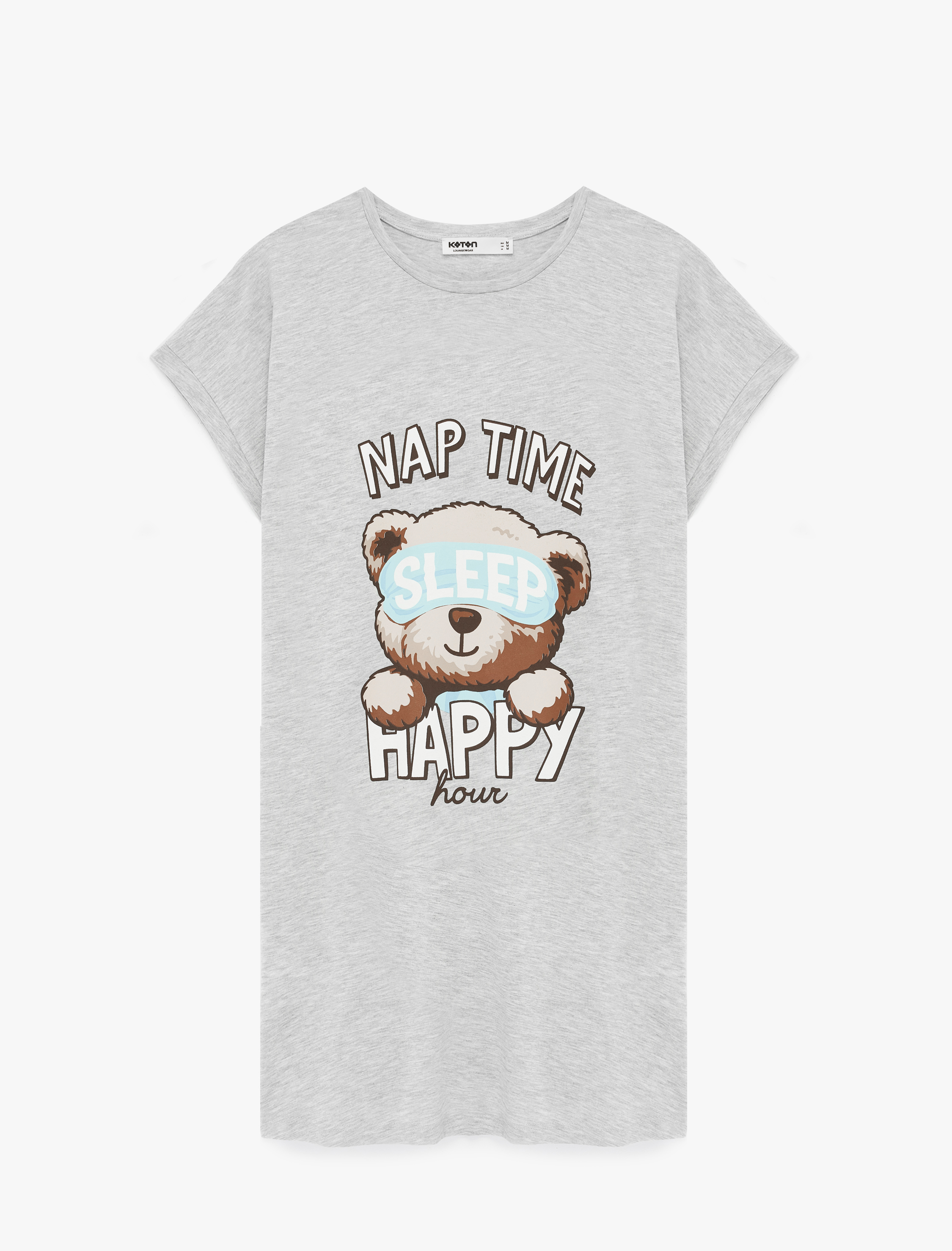   Rahat Kalıp Bisiklet Yaka Ayıcık Baskılı Kısa Kollu Gecelik