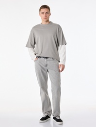 Bisiklet Yaka Rahat Kalıp Pamuklu Tok Kumaş Detaylı Uzun Çıkma Kollu Tişört