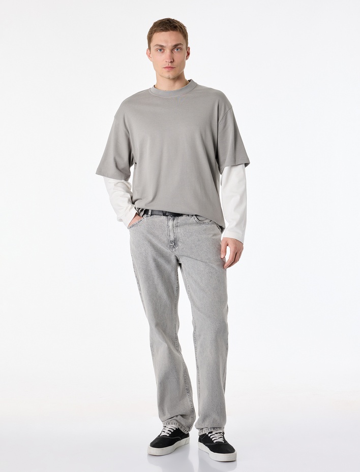  Bisiklet Yaka Rahat Kalıp Pamuklu Tok Kumaş Detaylı Uzun Çıkma Kollu Tişört