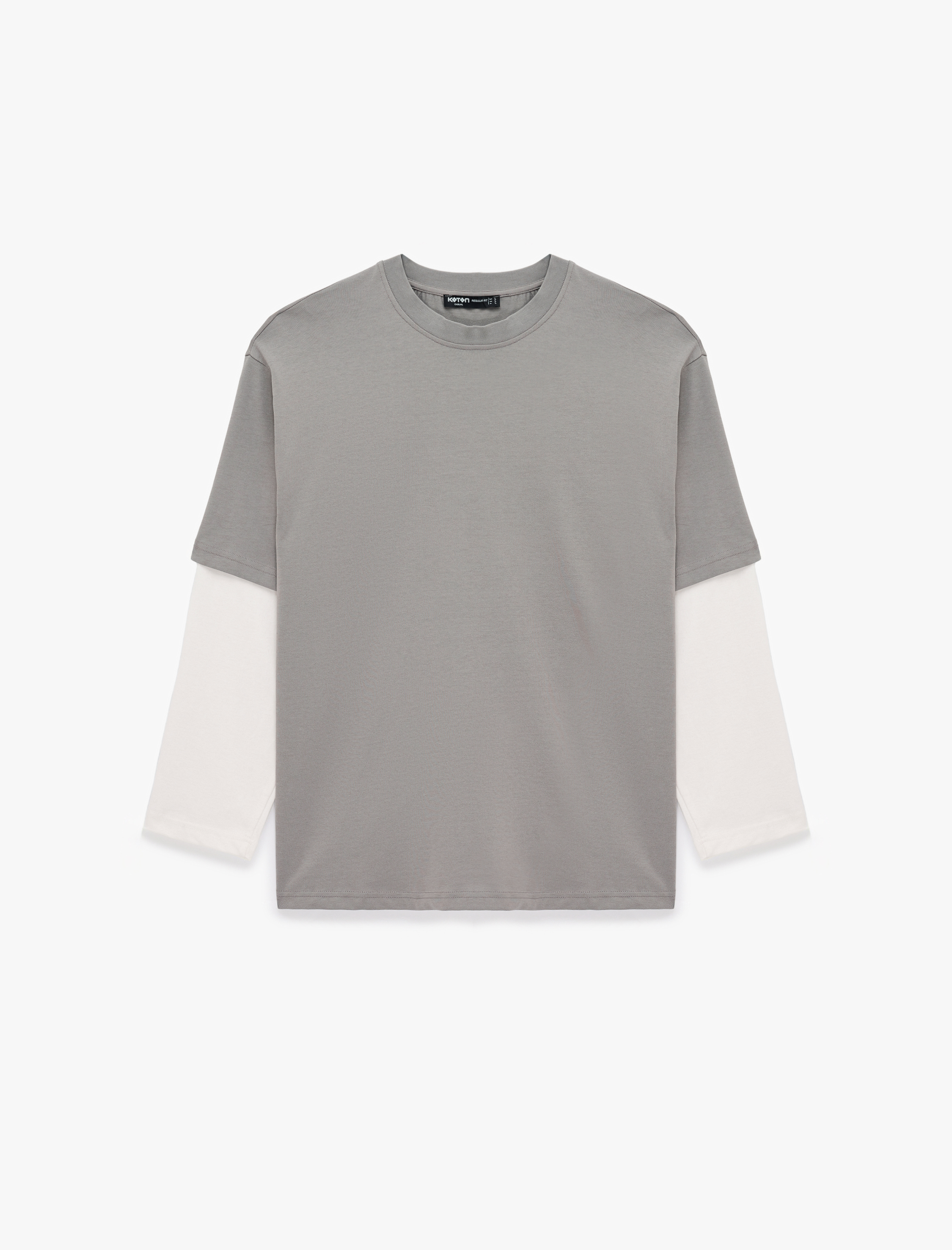   Bisiklet Yaka Rahat Kalıp Pamuklu Tok Kumaş Detaylı Uzun Çıkma Kollu Tişört