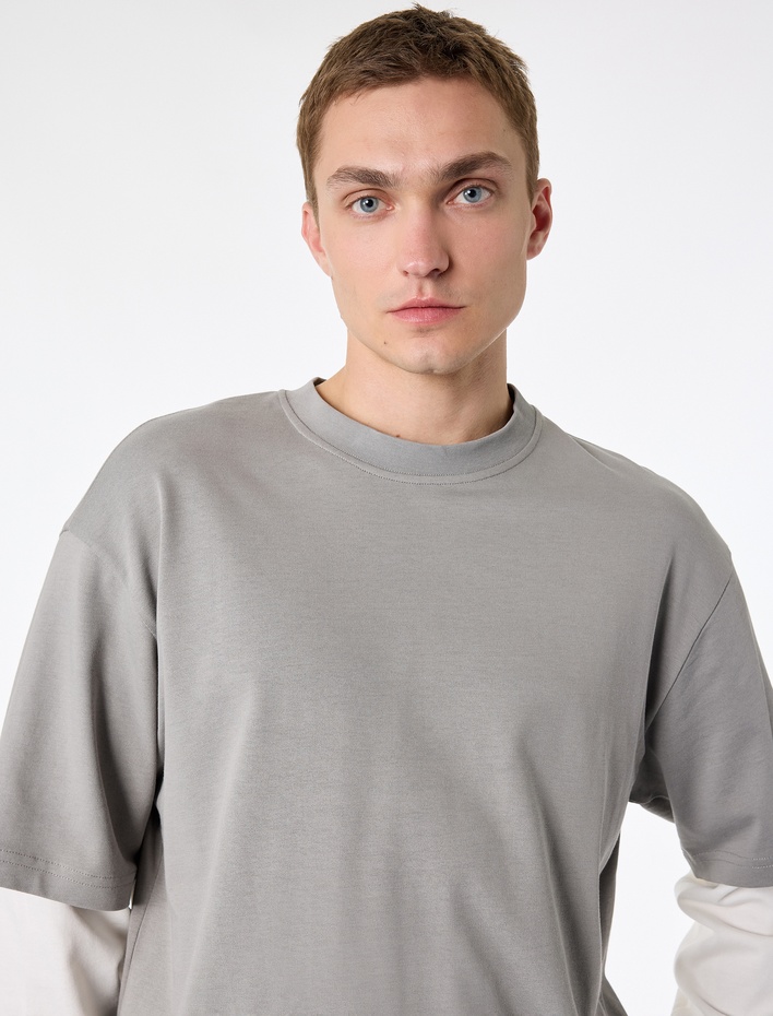  Bisiklet Yaka Rahat Kalıp Pamuklu Tok Kumaş Detaylı Uzun Çıkma Kollu Tişört