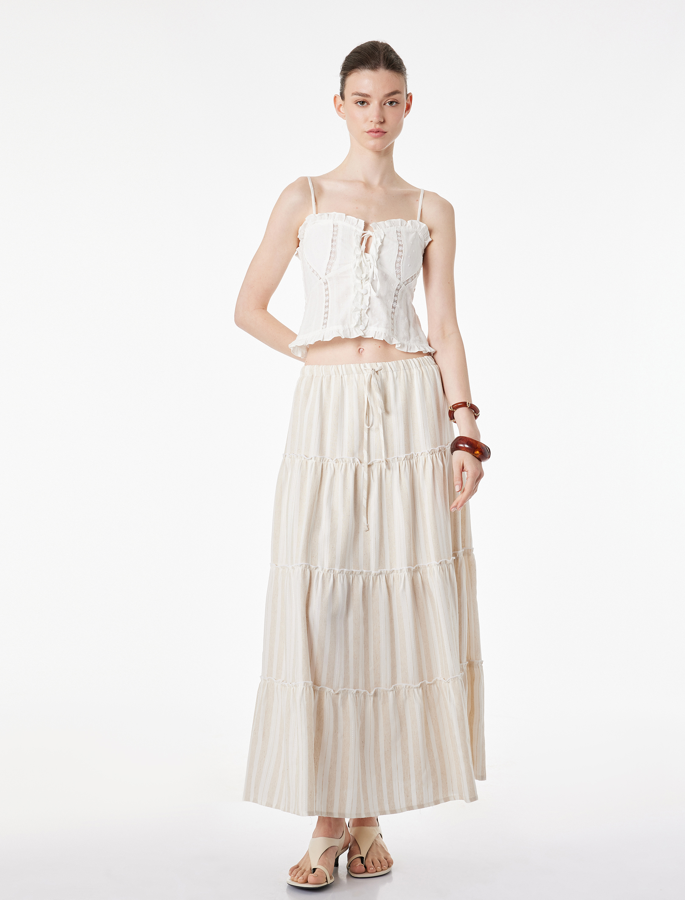   Keten Karışımlı Katlı Kesim Çizgili Midi Etek